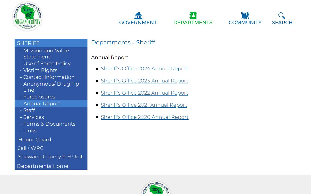 Shawano County annual reports used for inmate population and booking statistics
