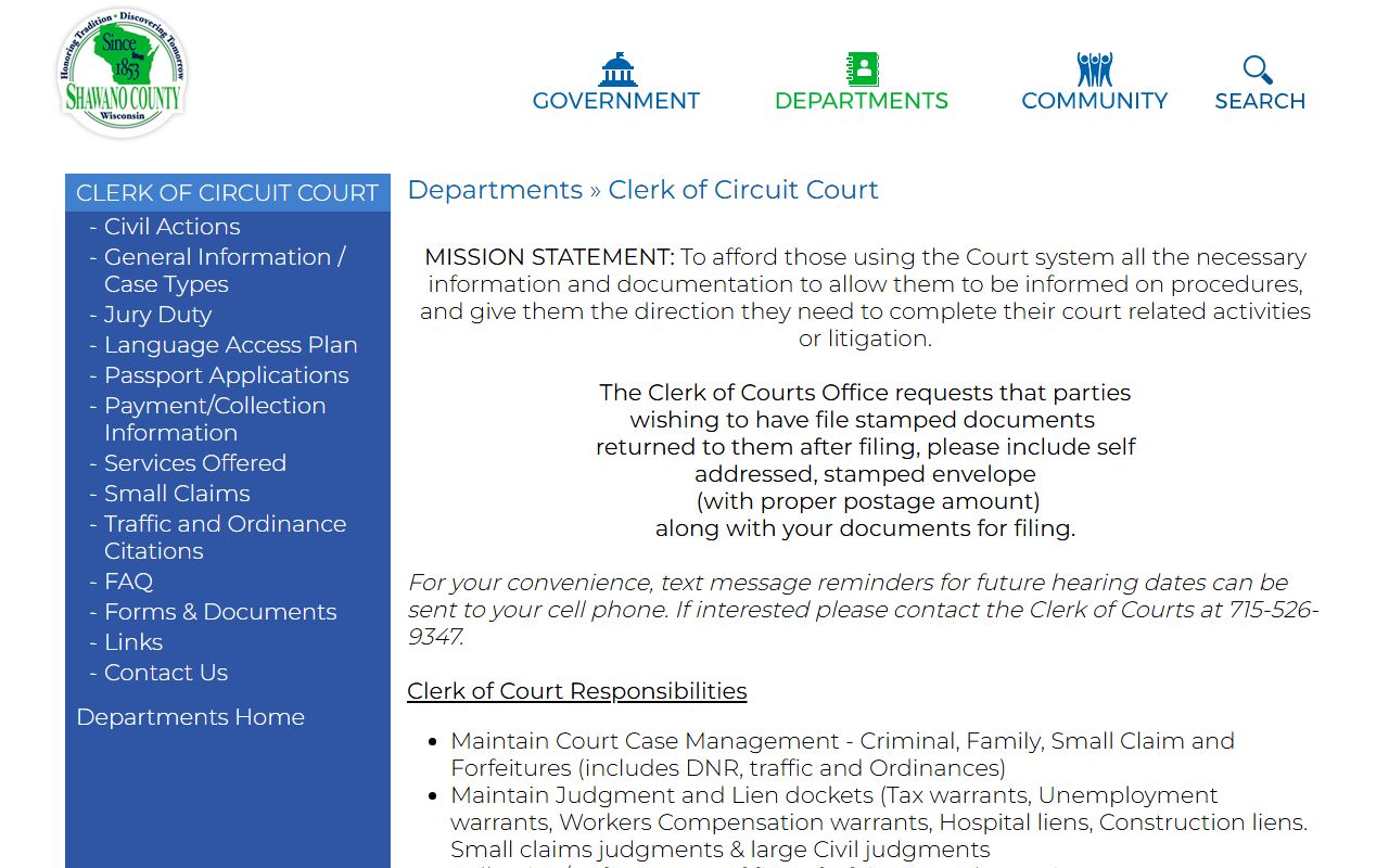 Shawano County court records after arrest Clerk of Circuit Court contact
