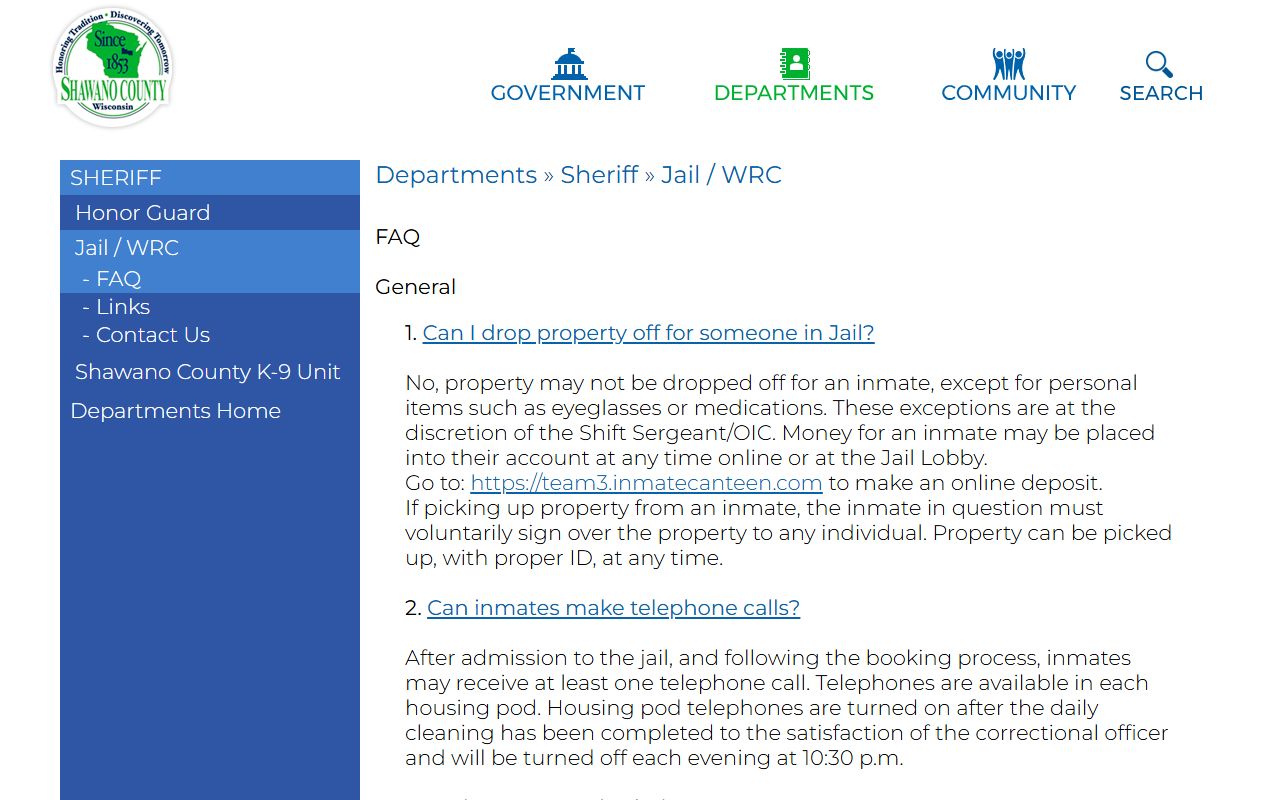 Shawano County Jail FAQ with visitation mail and money rules