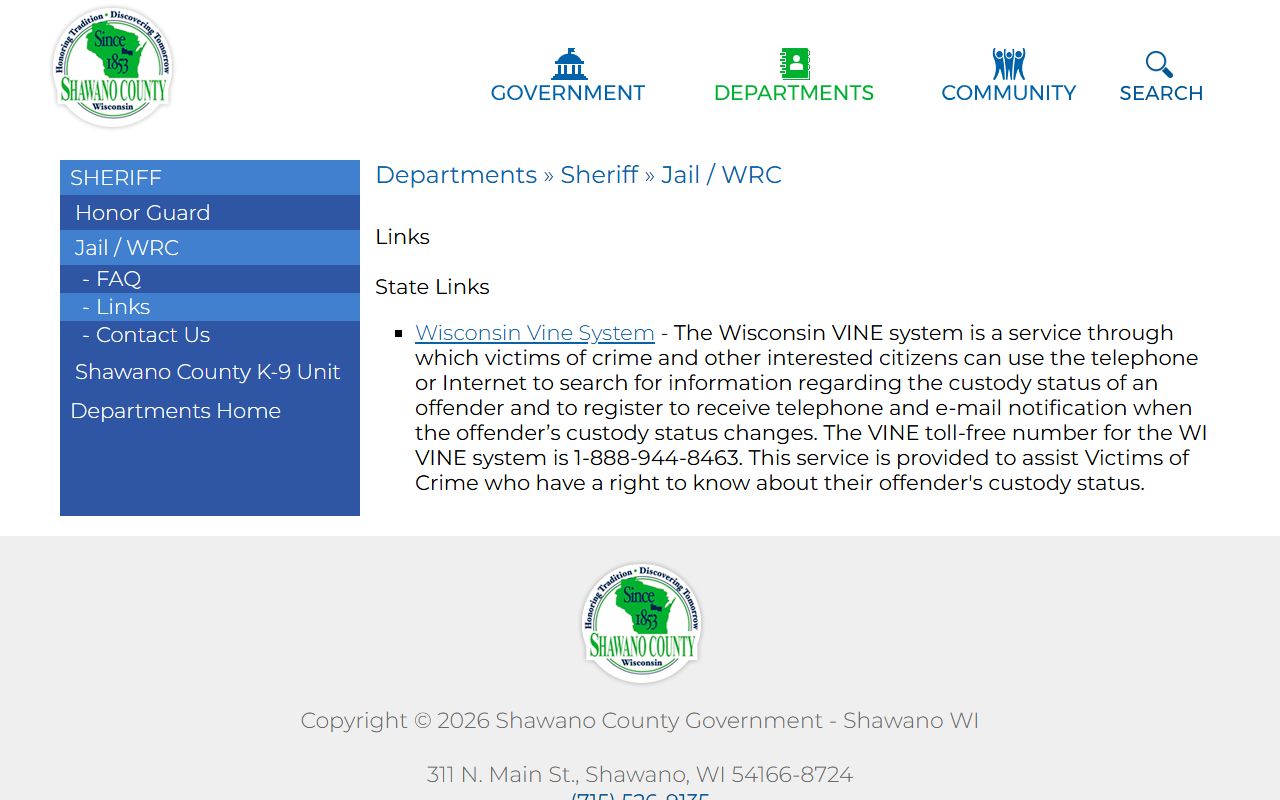 Shawano County inmate records VINE custody links