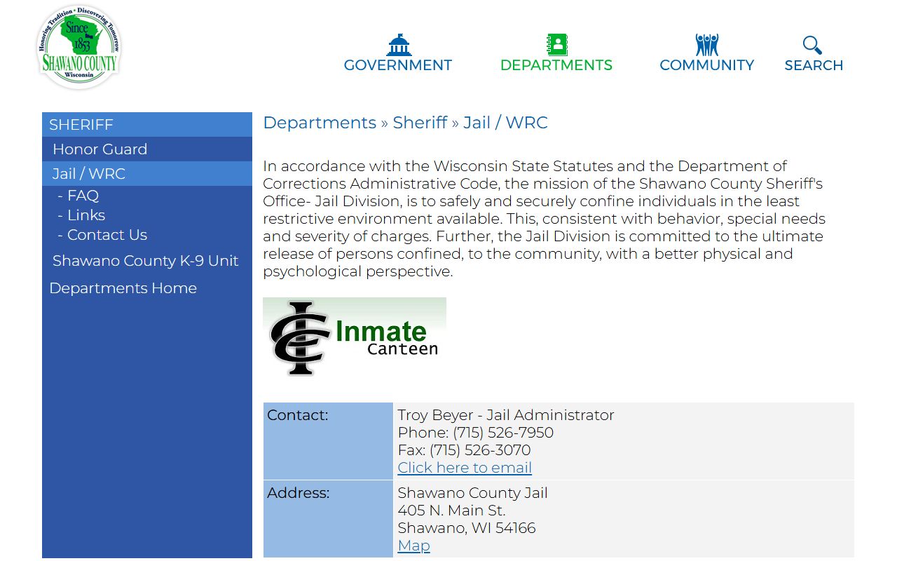 Shawano County Jail and Work Release Center official page