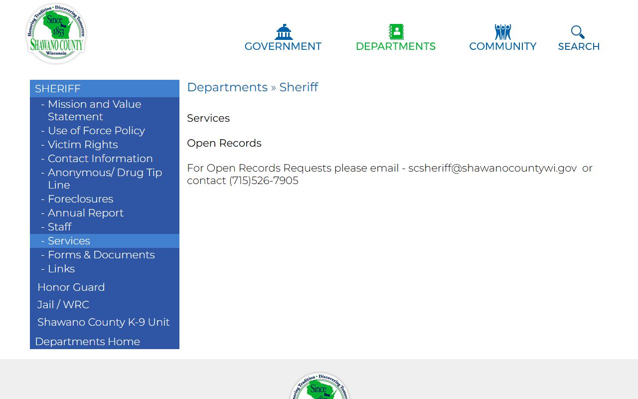 Shawano County inmate records sheriff open records request channel