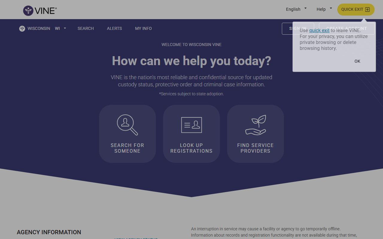 Wisconsin VINELink custody status search portal